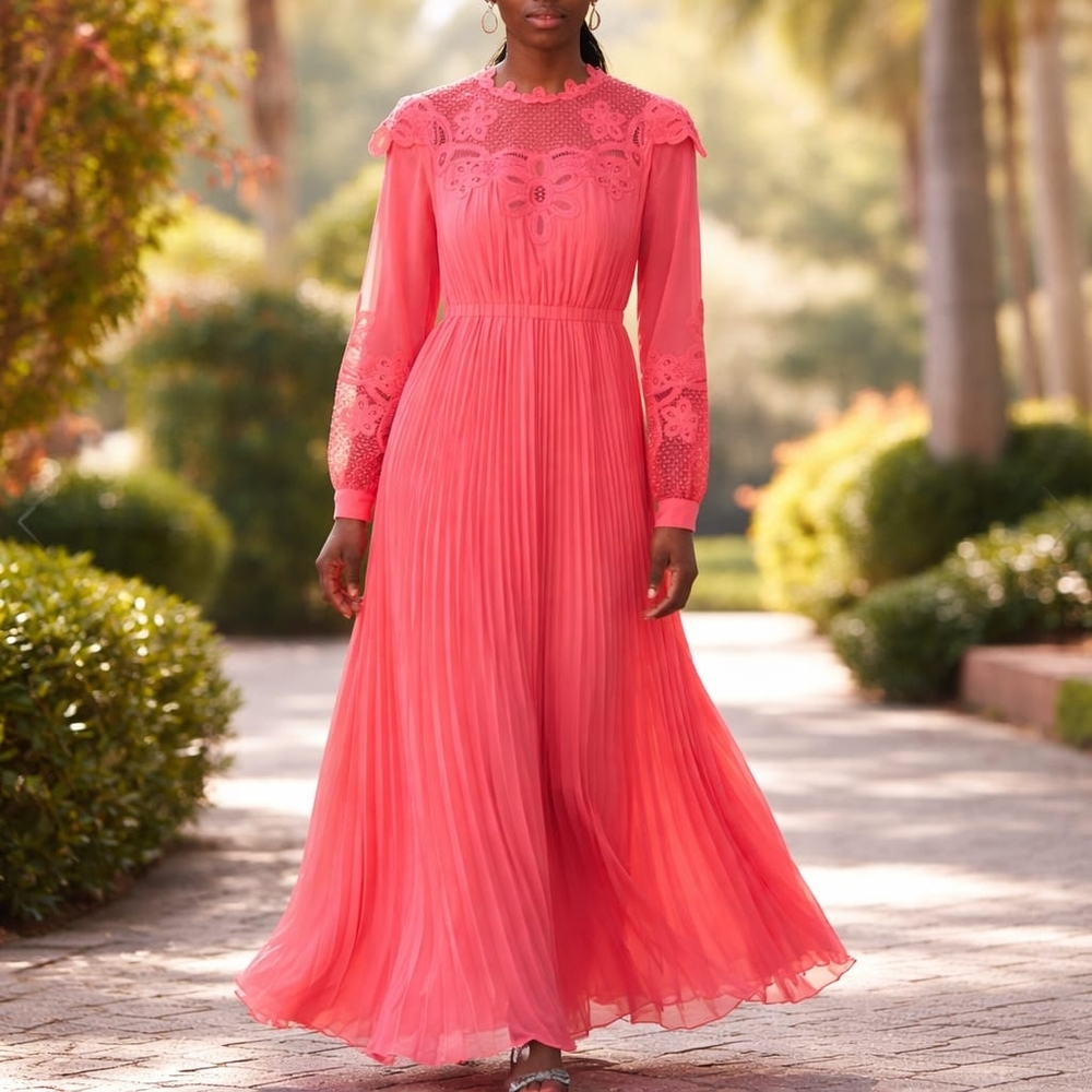 Self-Portrait Coral Pink Chiffon Lace Bib Maxi Pleated Dress – Size US 6 NWT - Picture 4 of 10